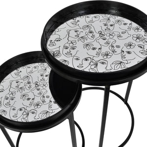 Black and White Linework Face Art Tray Table Set of Two Nesting Tables