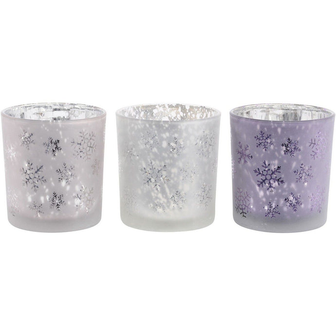 Festive Set of Three Beautiful Embossed Festive Snowflake Pink, Purple and Blush Tealight Holders