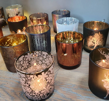 Load image into Gallery viewer, Festive Set of Three Beautiful Embossed Bronze Glass Tealight Holders
