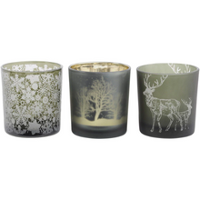 Load image into Gallery viewer, Festive Set of Three Beautiful Embossed Green Glass Tealight Holders
