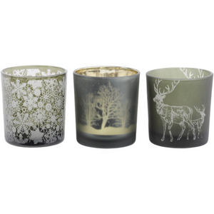Festive Set of Three Beautiful Embossed Green Glass Tealight Holders