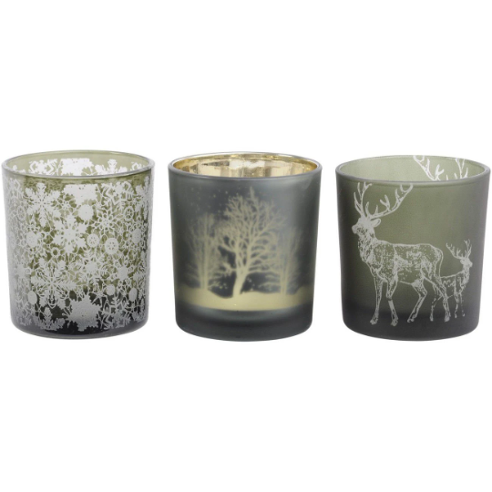 Festive Set of Three Beautiful Embossed Green Glass Tealight Holders