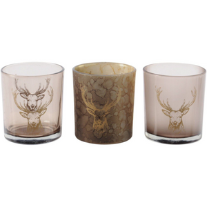Festive Set of Three Beautiful Bronze Embossed Stag Glass Tealight Holders
