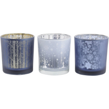 Load image into Gallery viewer, Festive Set of Three Beautiful Blue Embossed Glass Tealight Holders
