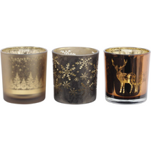 Load image into Gallery viewer, Festive Set of Three Beautiful Embossed Bronze Glass Tealight Holders
