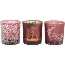 Load image into Gallery viewer, Festive Set of Three Beautiful Red Embossed Glass Tealight Holders
