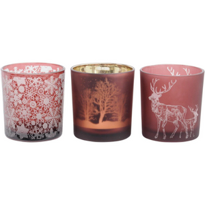 Festive Set of Three Beautiful Red Embossed Glass Tealight Holders
