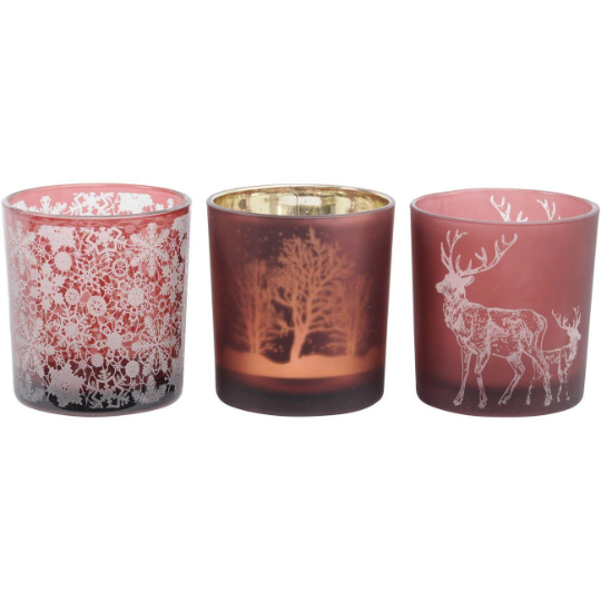 Festive Set of Three Beautiful Red Embossed Glass Tealight Holders